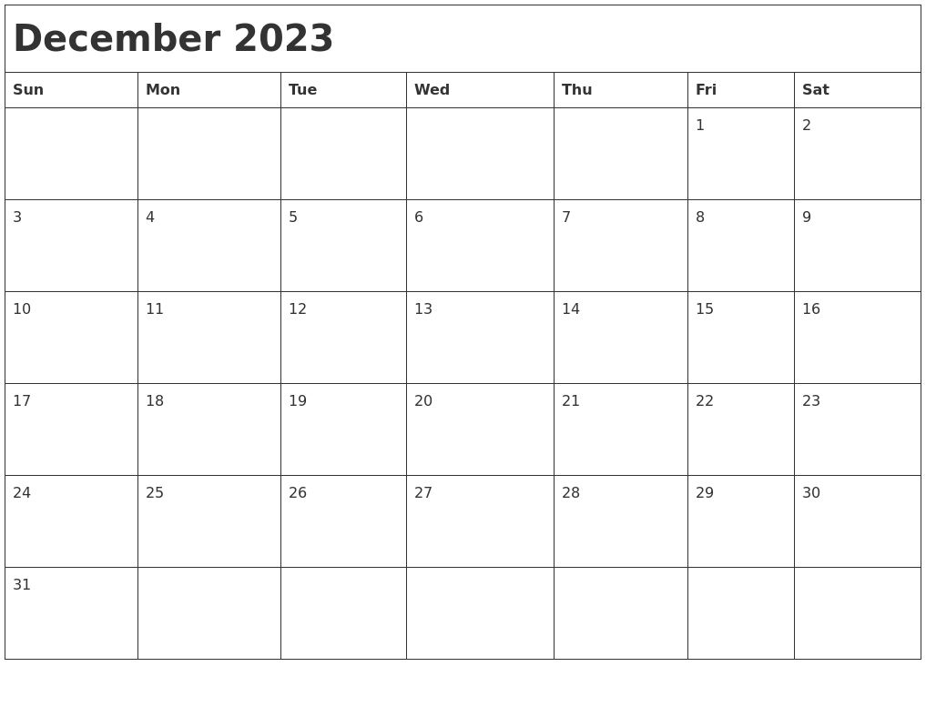 December 2023 Month Calendar