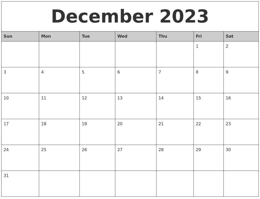 December 2023 Monthly Calendar Printable