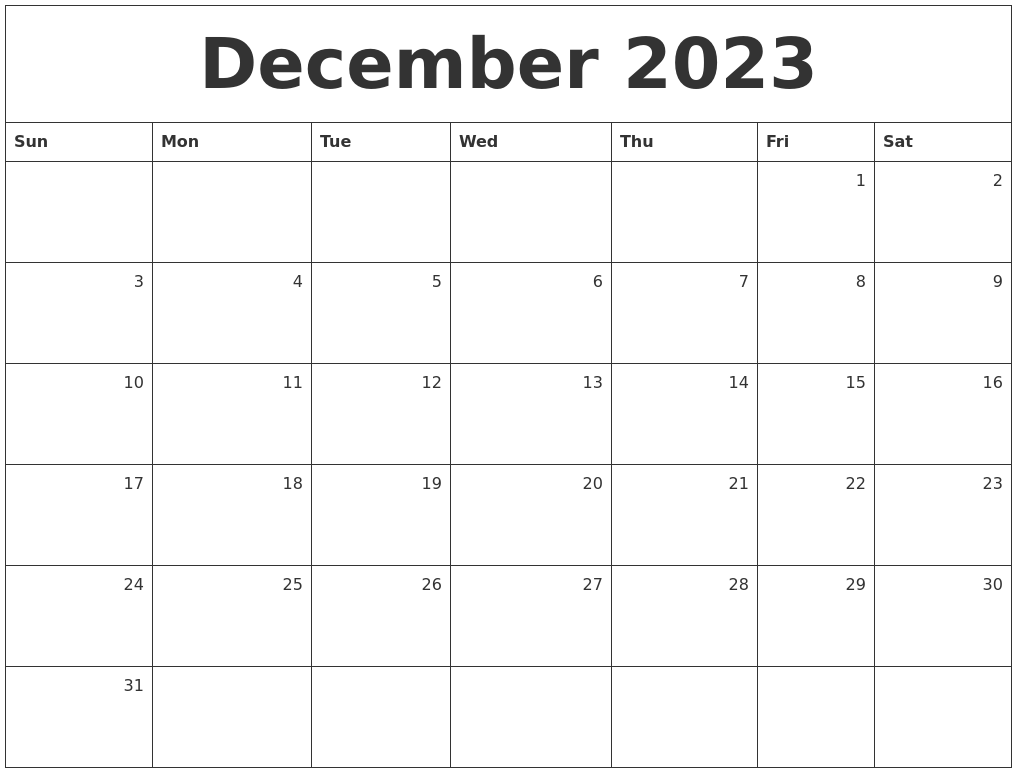 December 2023 Monthly Calendar