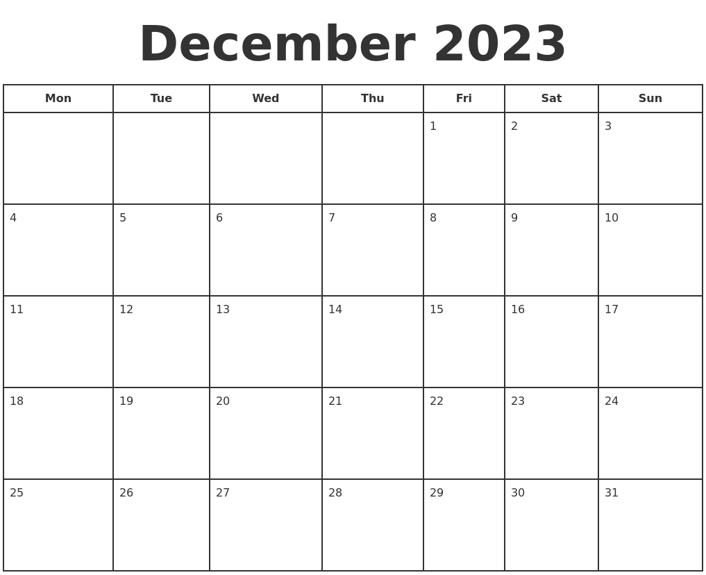 December 2023 Print A Calendar