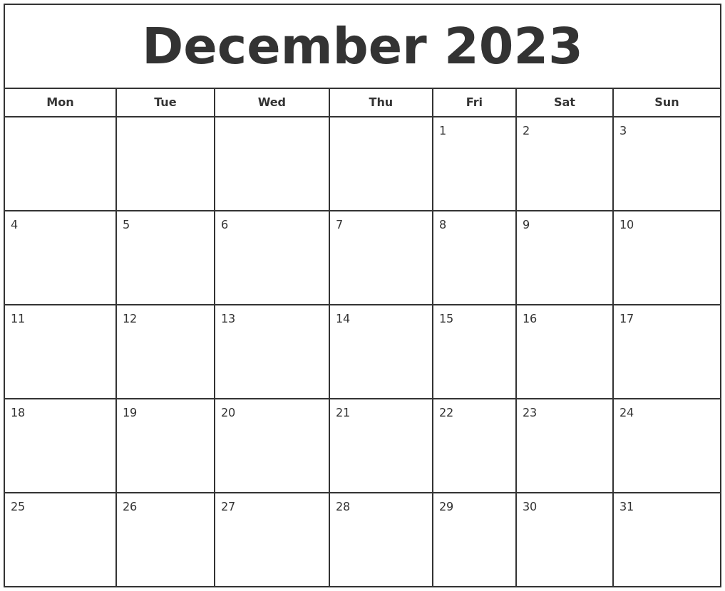 December 2023 Print Free Calendar