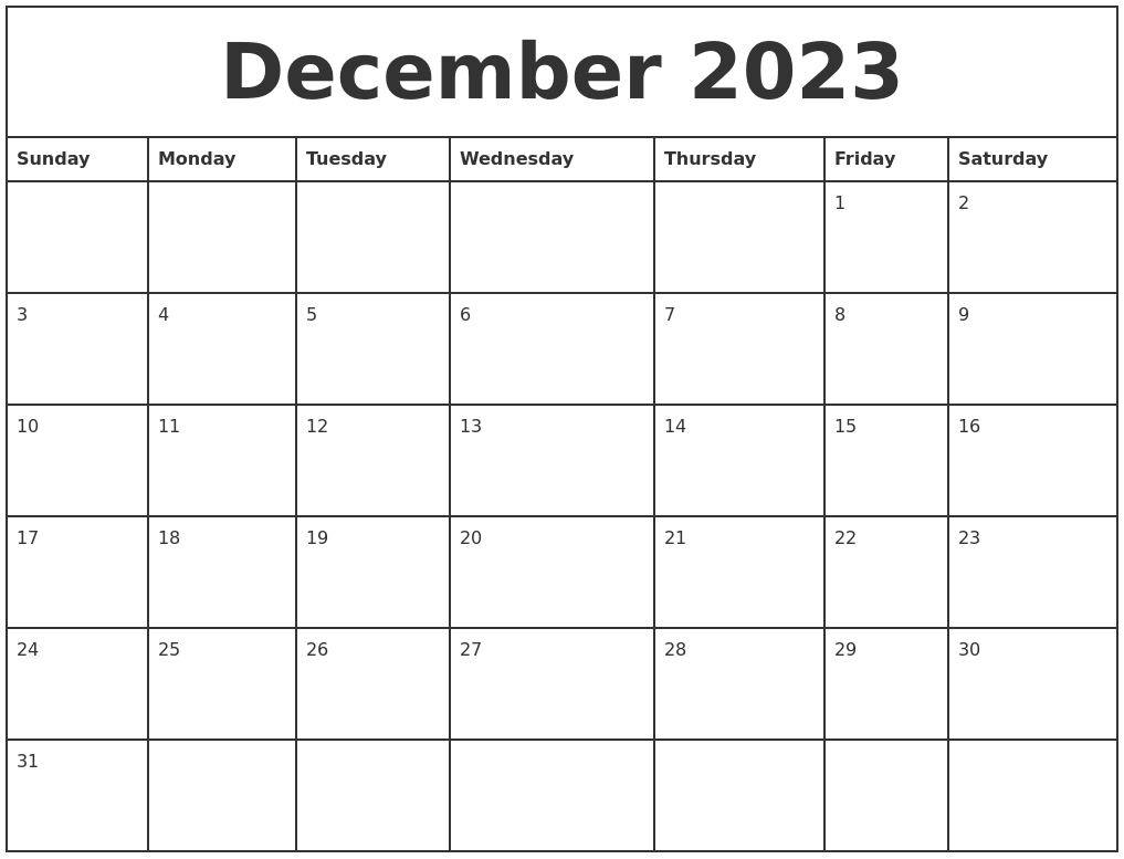 December 2023 Printable Monthly Calendar