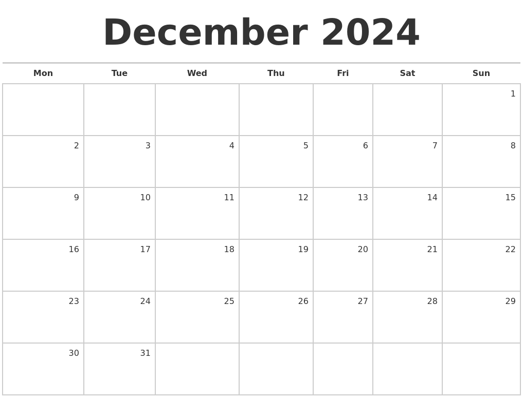 December 2024 Blank Monthly Calendar