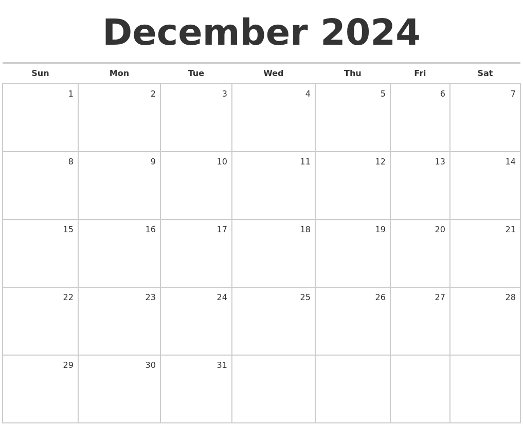 December 2024 Blank Monthly Calendar