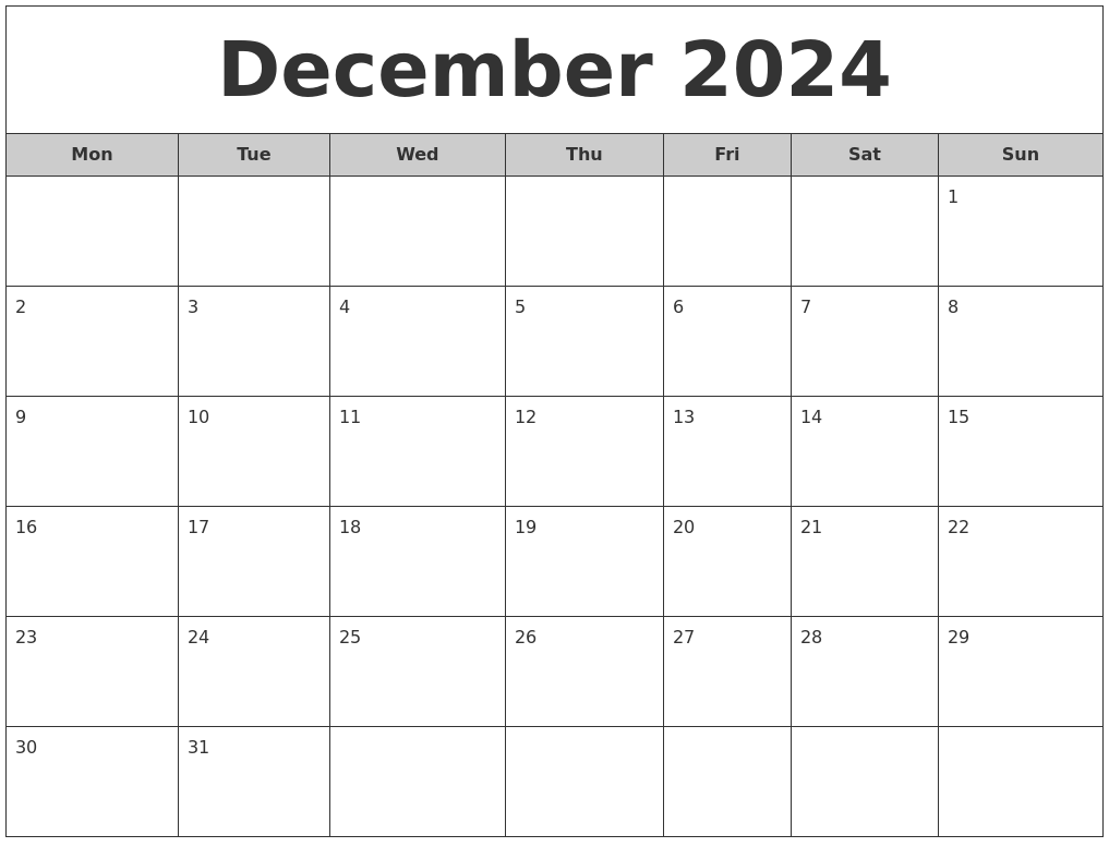December 2024 Free Monthly Calendar