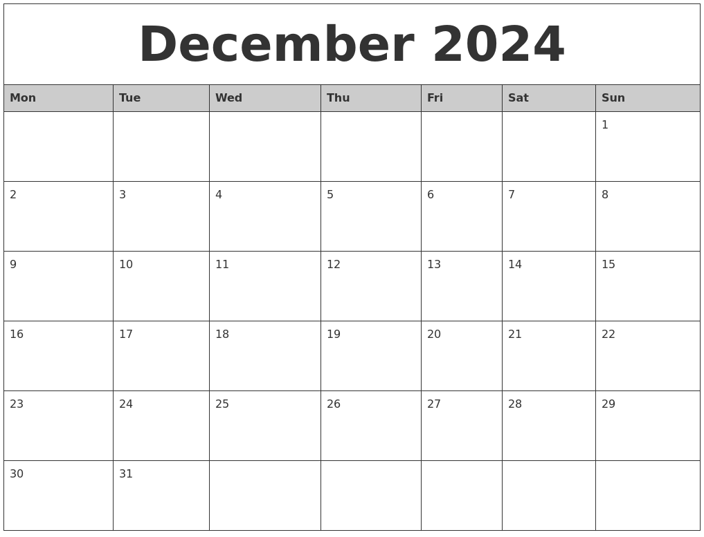 December 2024 Monthly Calendar Printable