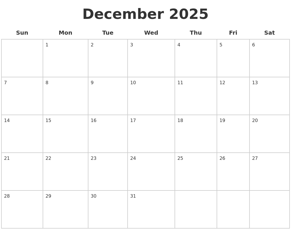 December 2025 Blank Calendar Pages