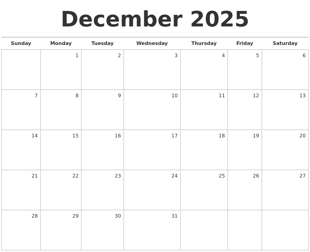 December 2025 Blank Monthly Calendar