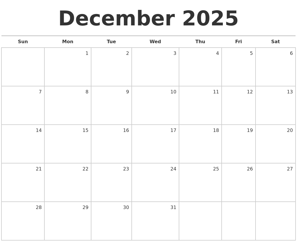 December 2025 Blank Monthly Calendar