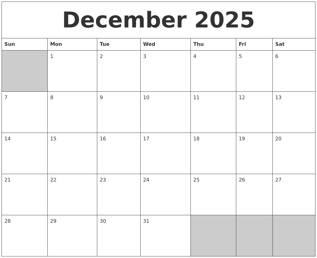 December 2025 Blank Printable Calendar