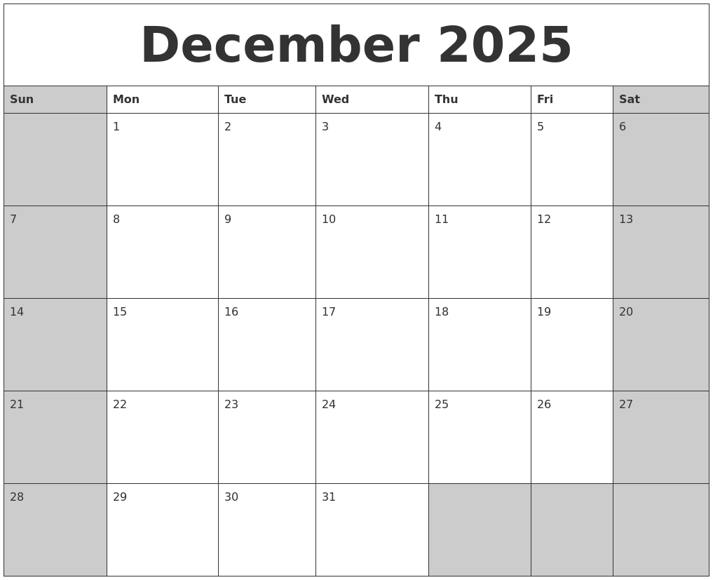 December 2025 Calanders