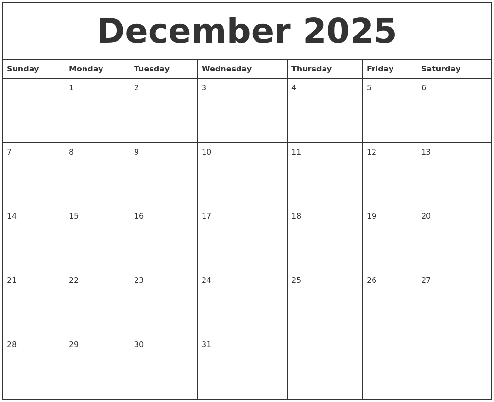 December 2025 Calendar Month