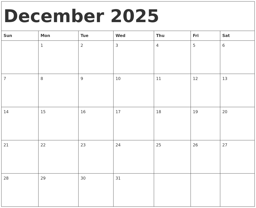 Printable Calendar December 2025 January 2025