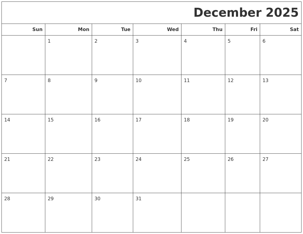 December 2025 Calendars To Print