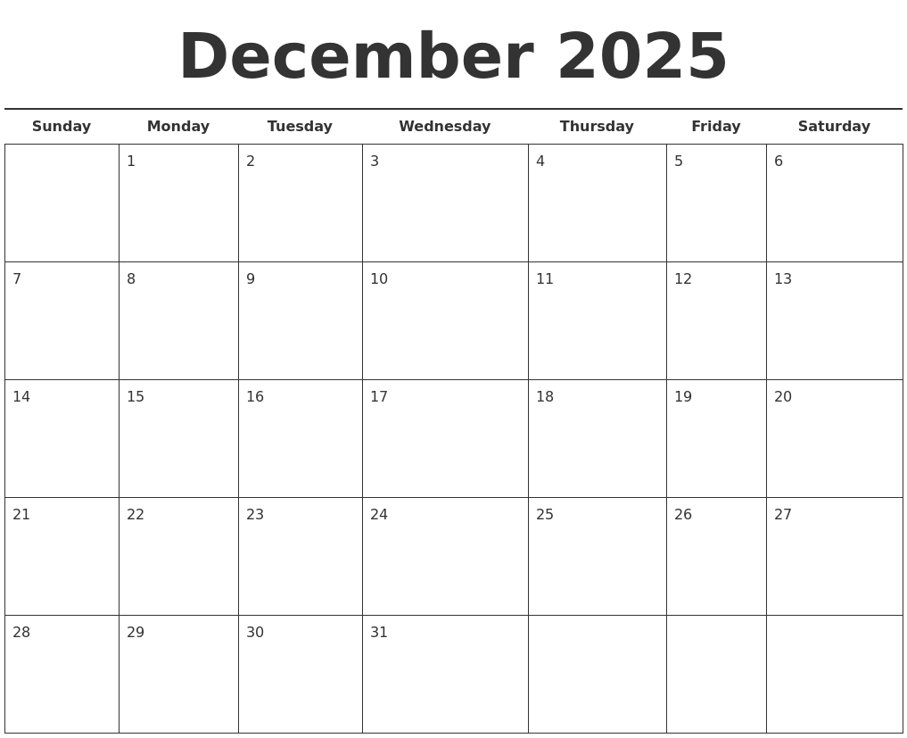 December 2025 Free Calendar Template