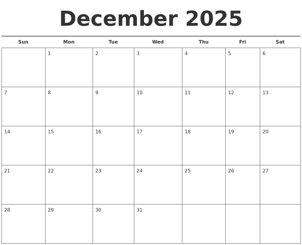 December 2025 Free Calendar Template