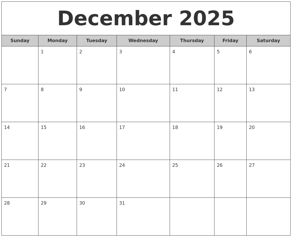 December 2025 Free Monthly Calendar