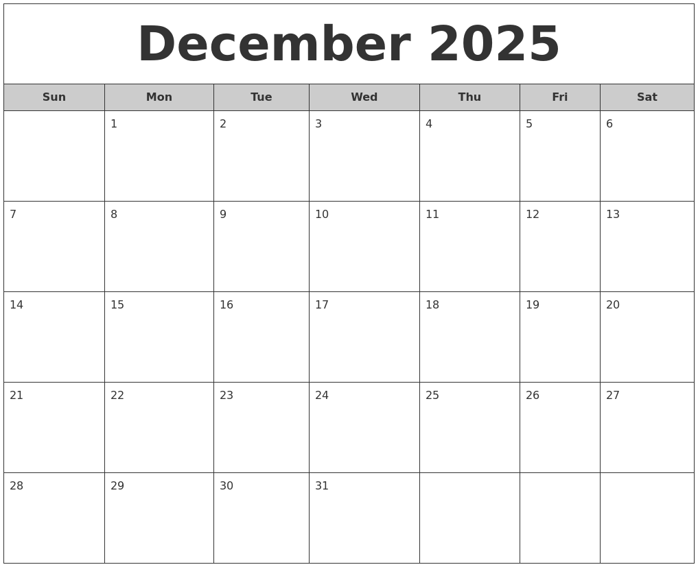 December 2025 Free Monthly Calendar