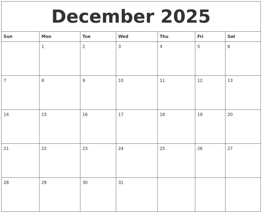 December 2025 Free Printable Weekly Calendar