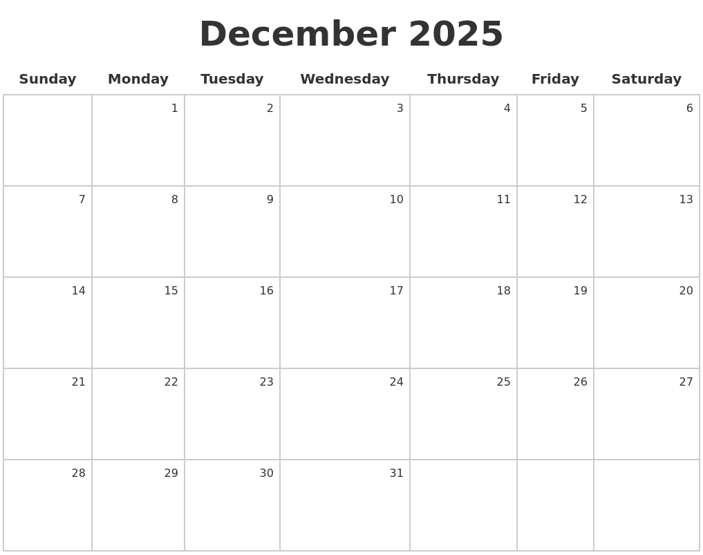 Calendar For December Of 2025