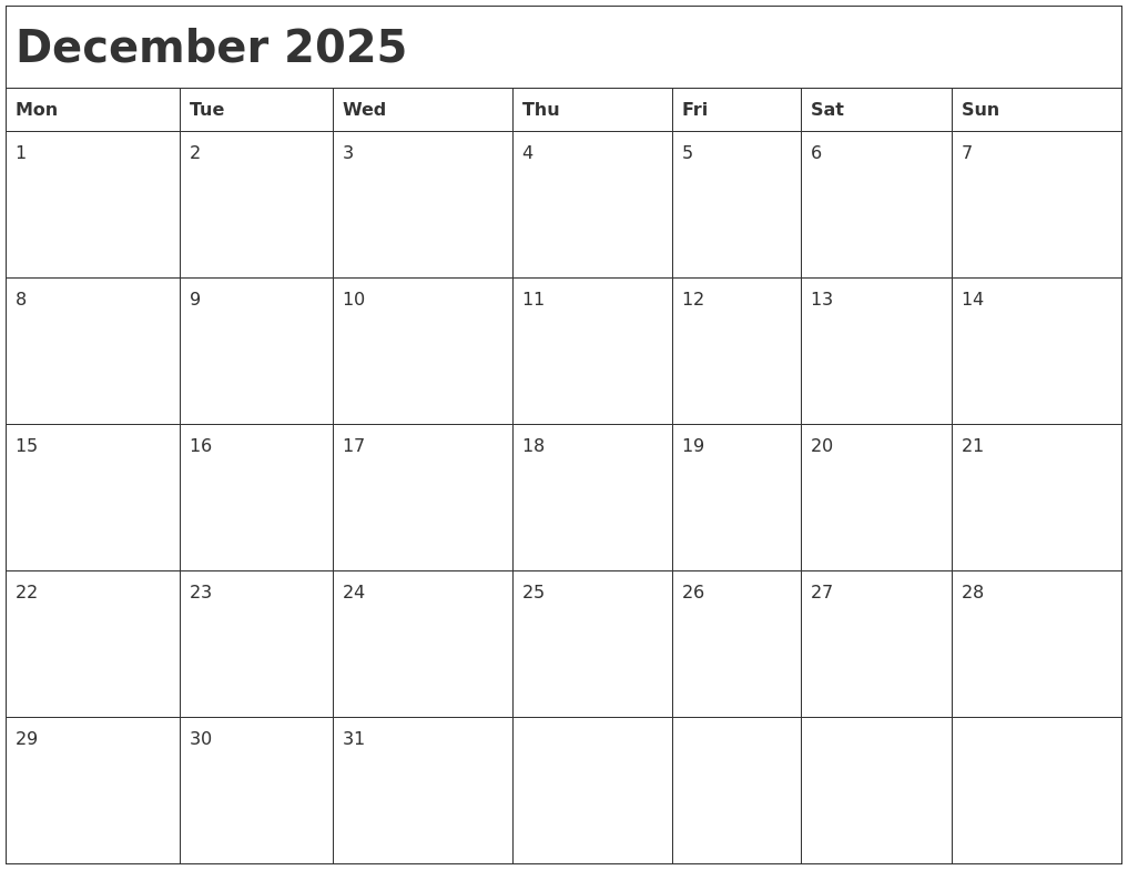 December 2025 Month Calendar