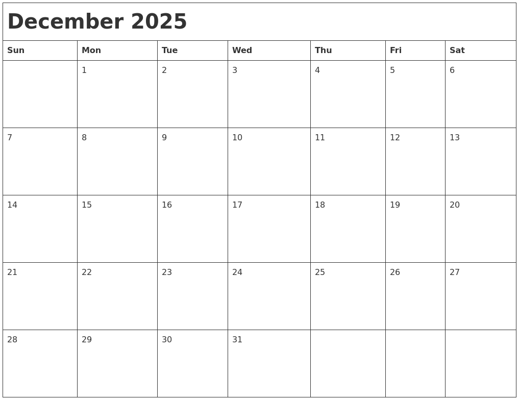 December 2025 Month Calendar