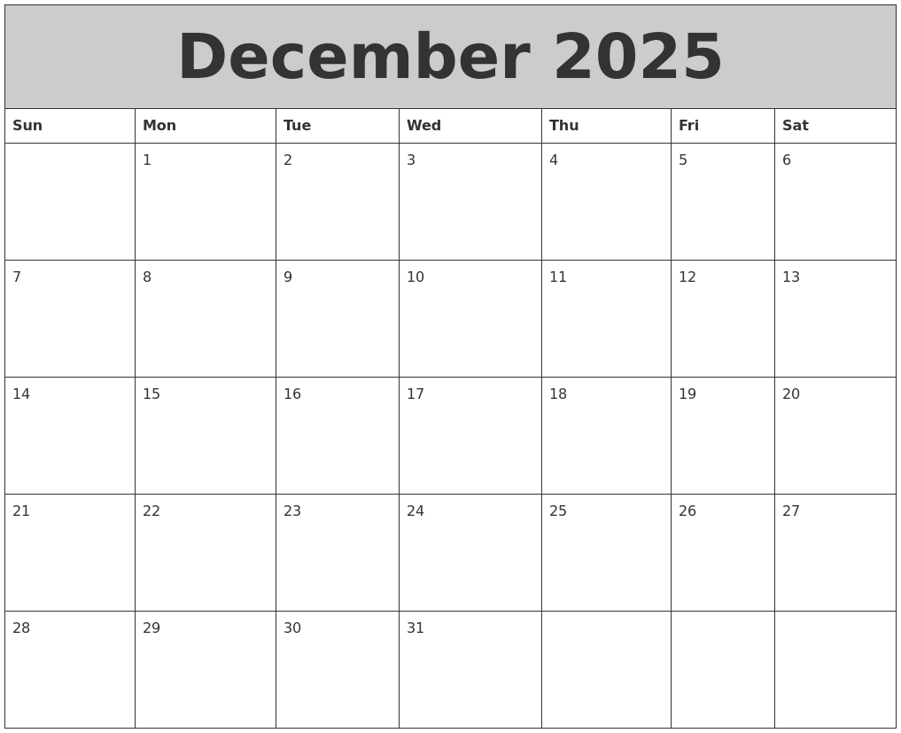 December 2025 My Calendar
