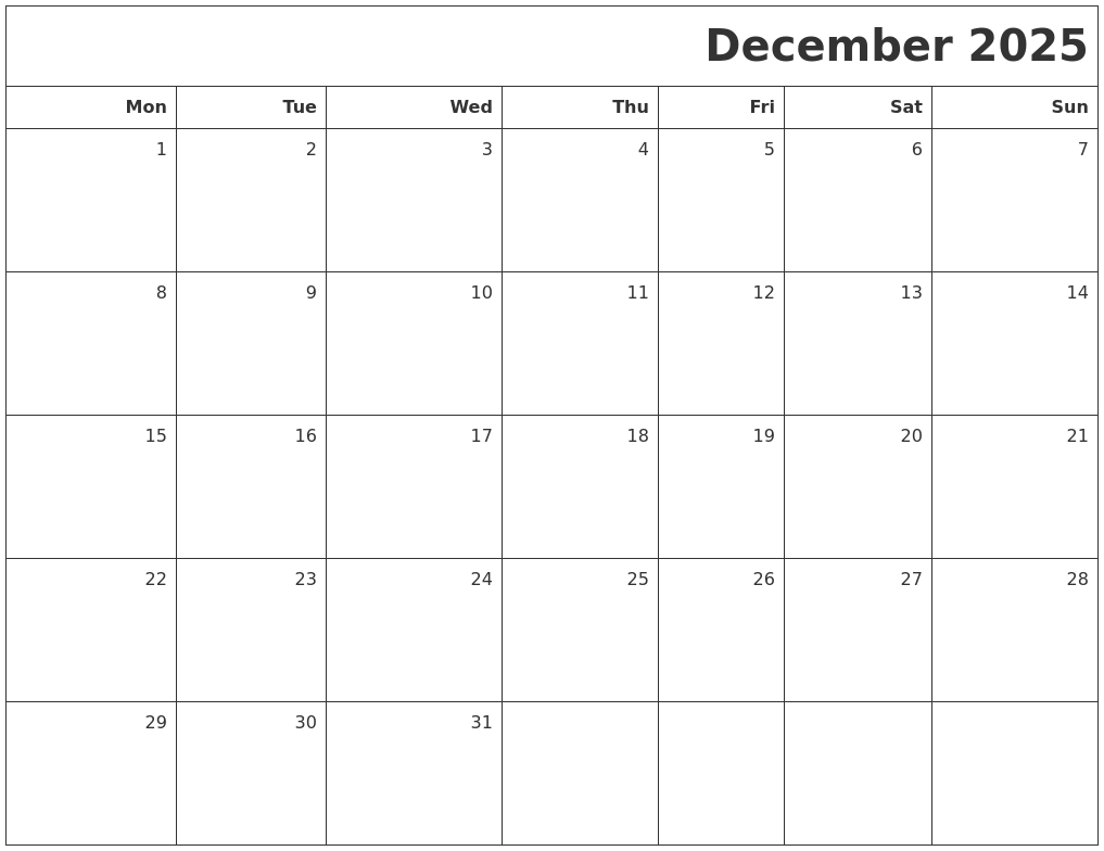 December 2025 Printable Blank Calendar