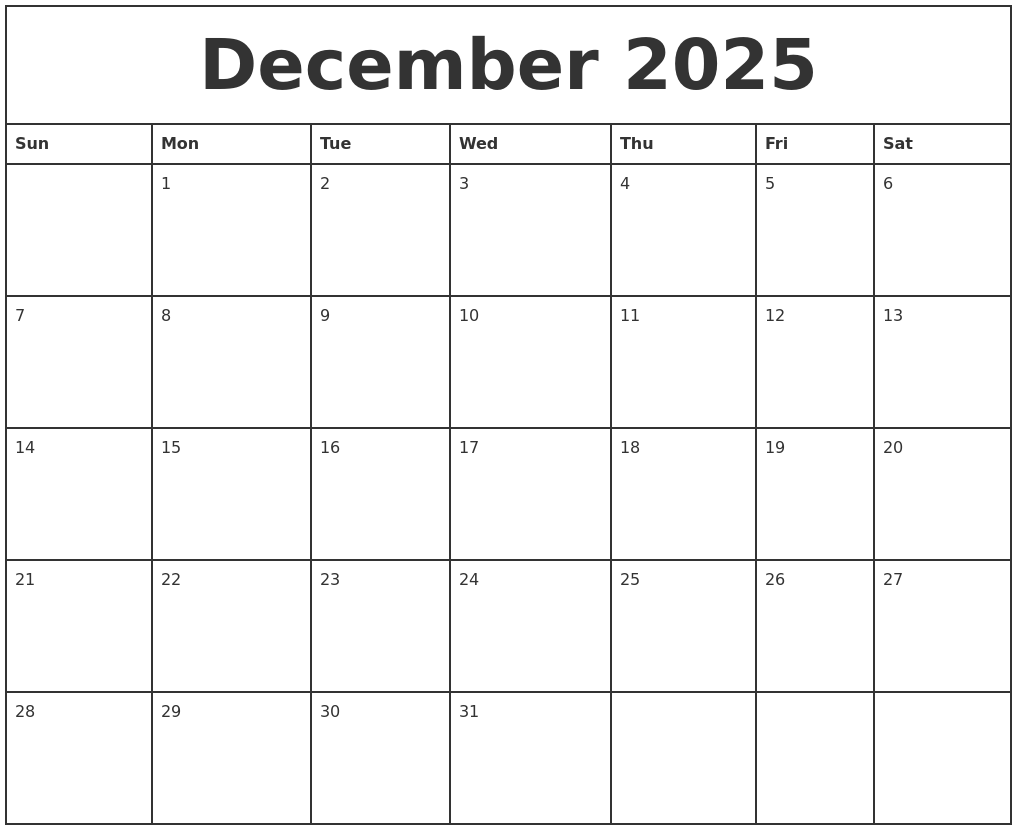 December 2025 Printable Monthly Calendar