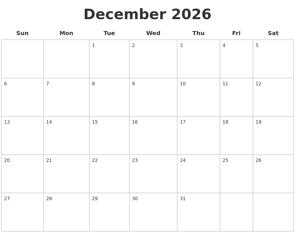 December 2026 Blank Calendar Pages