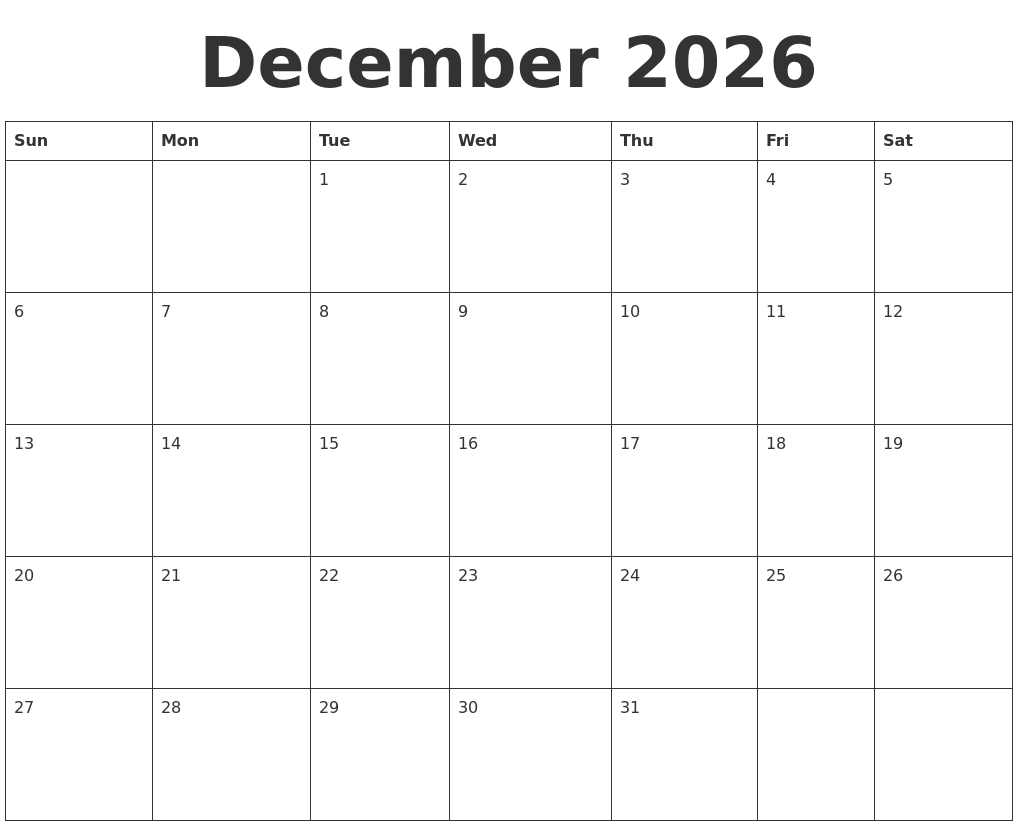 December 2026 Blank Calendar Template