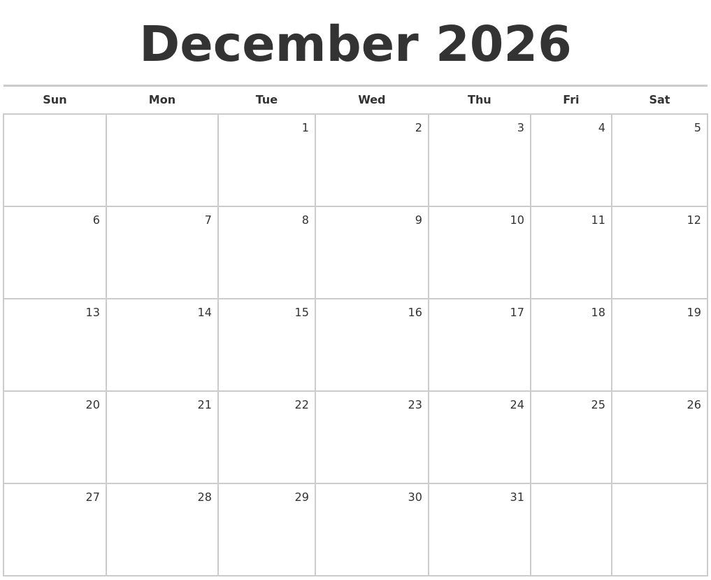 December 2026 Blank Monthly Calendar