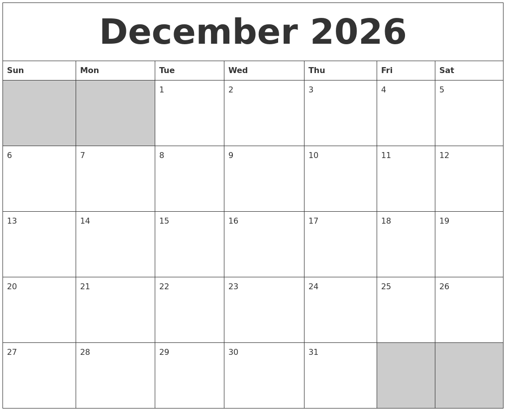 December 2026 Blank Printable Calendar