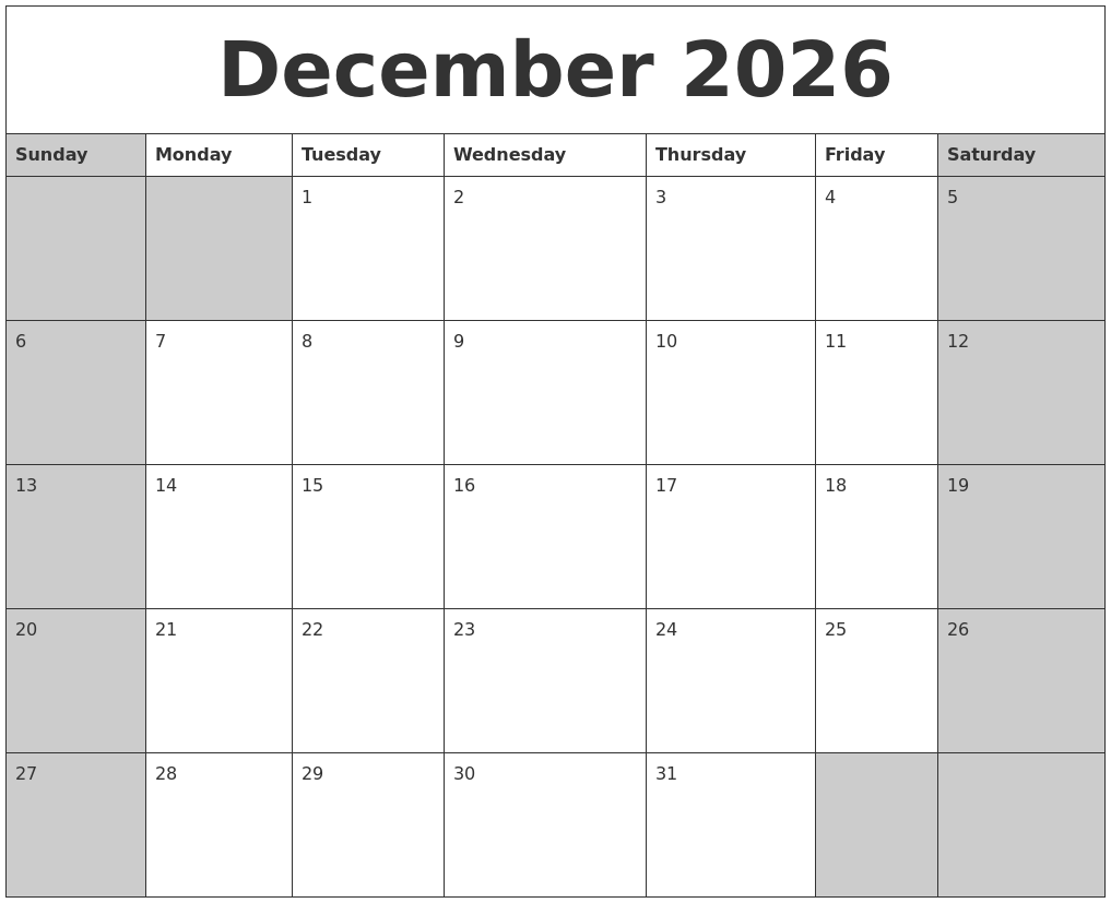 December 2026 Calanders