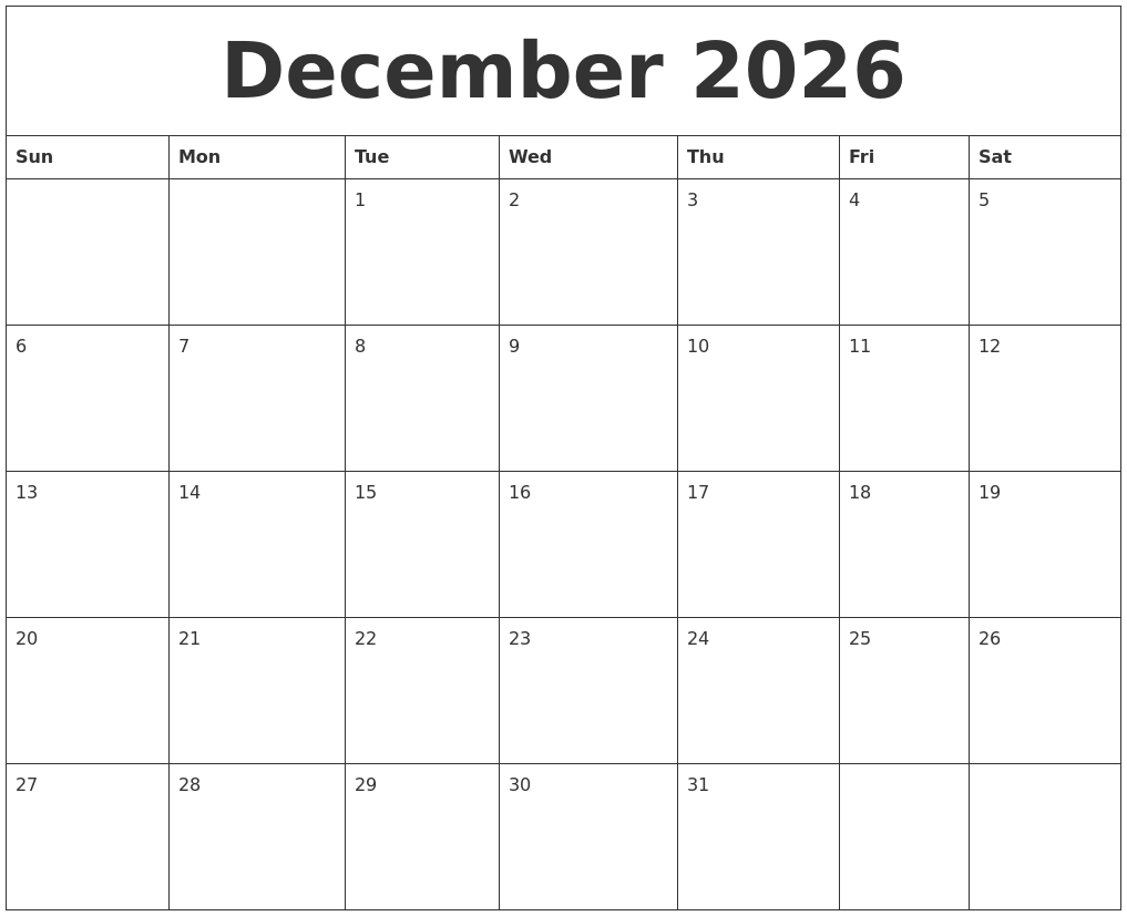 December 2026 Calendar Print Out