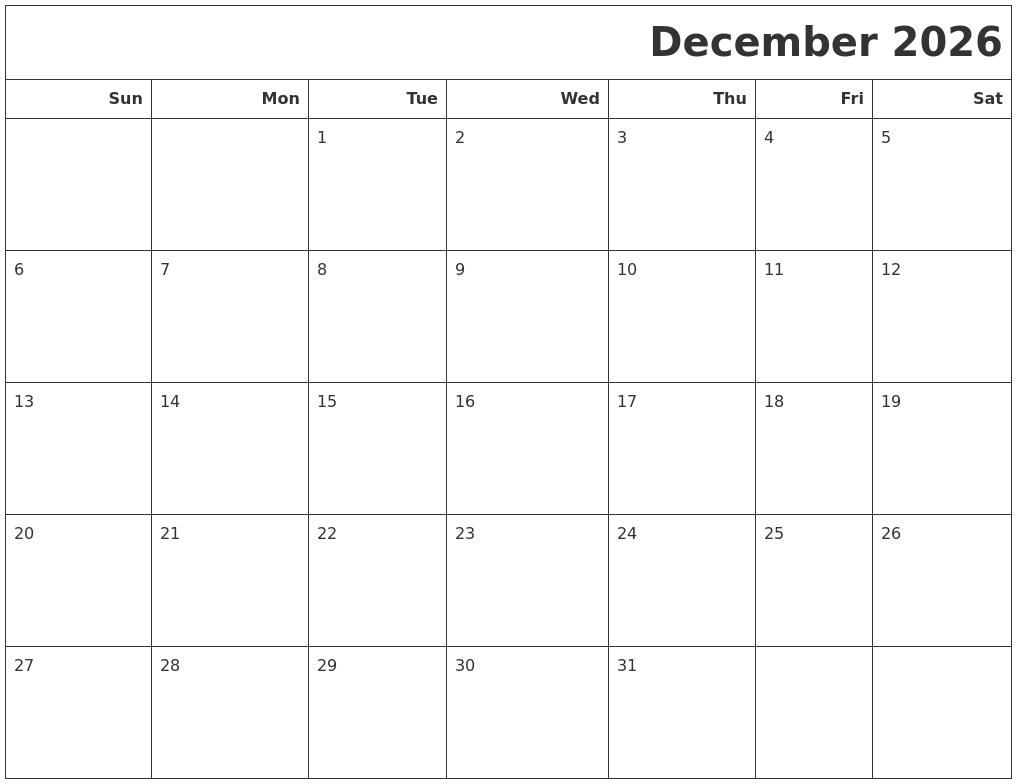 December 2026 Calendars To Print