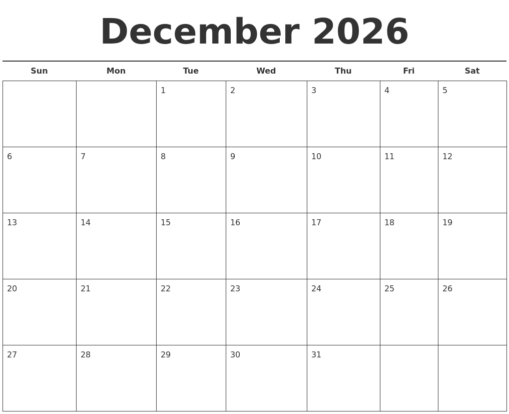 December 2026 Free Calendar Template