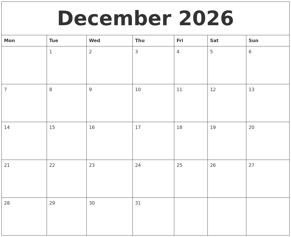 December 2026 Free Calendars To Print