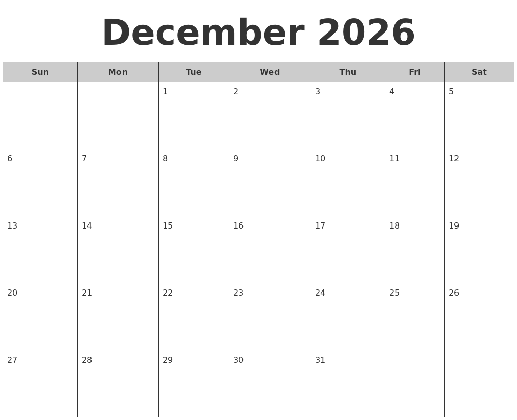 December 2026 Free Monthly Calendar
