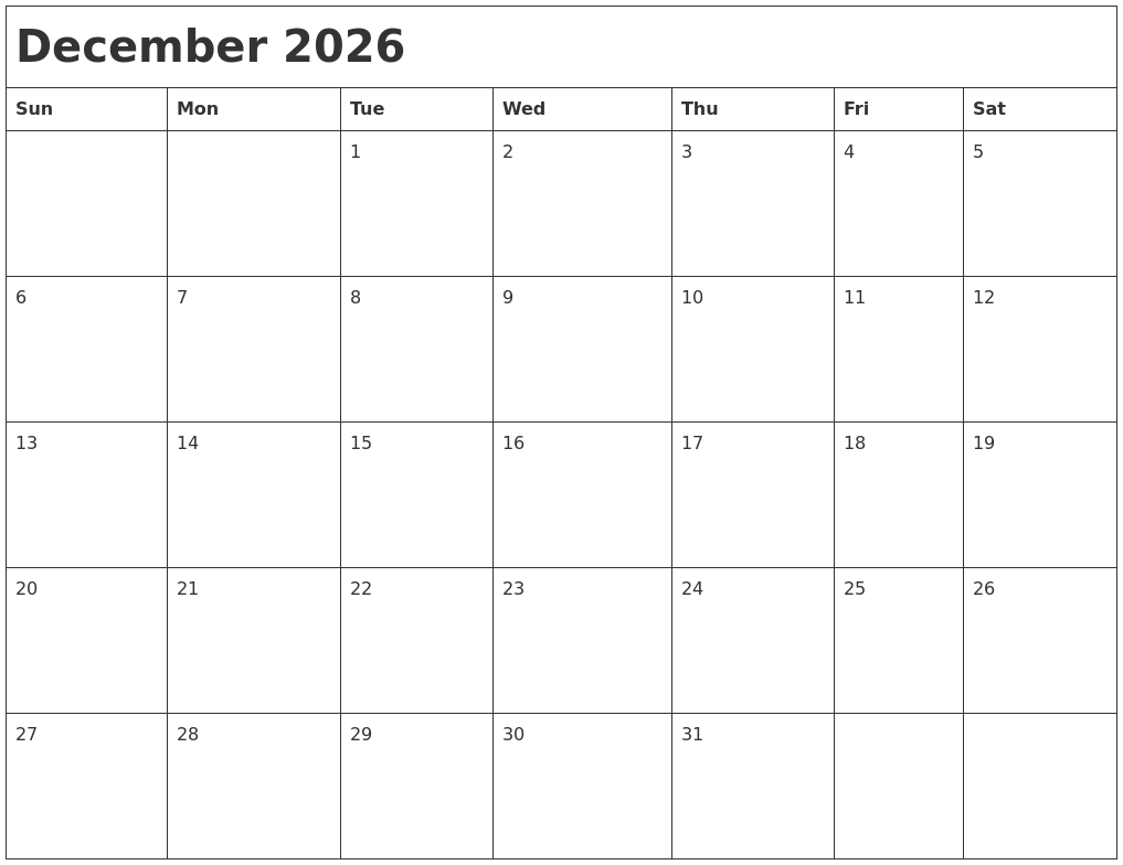 December 2026 Month Calendar