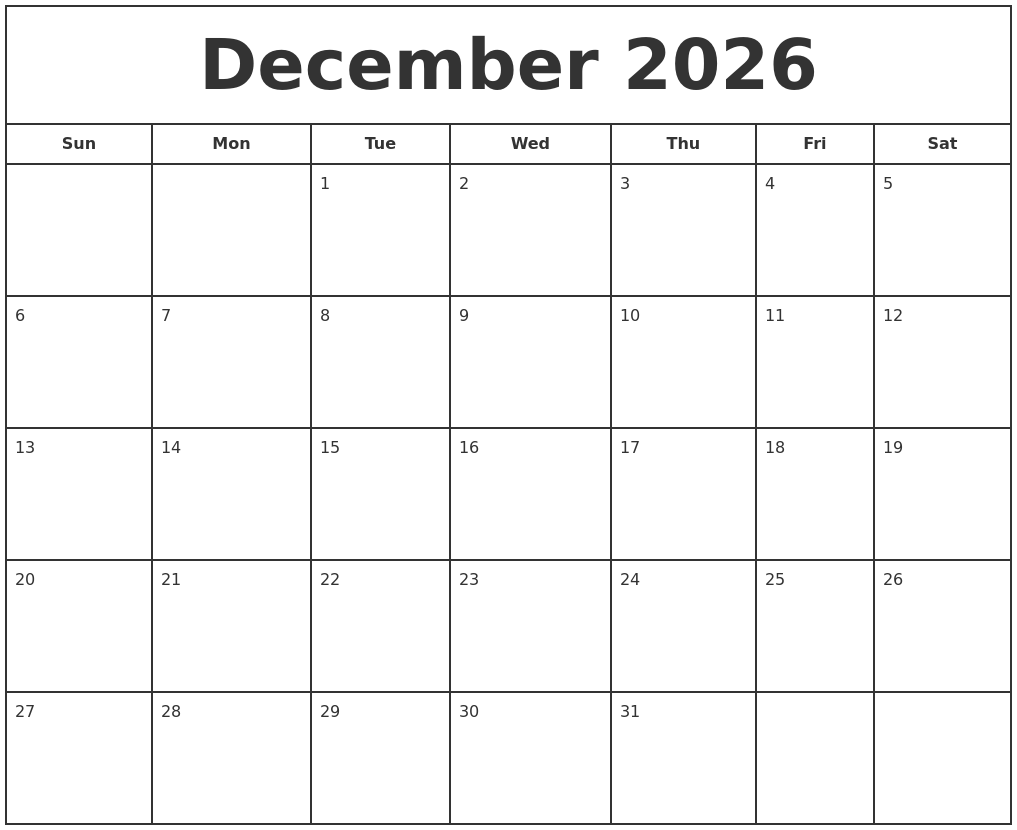 December 2026 Print Free Calendar