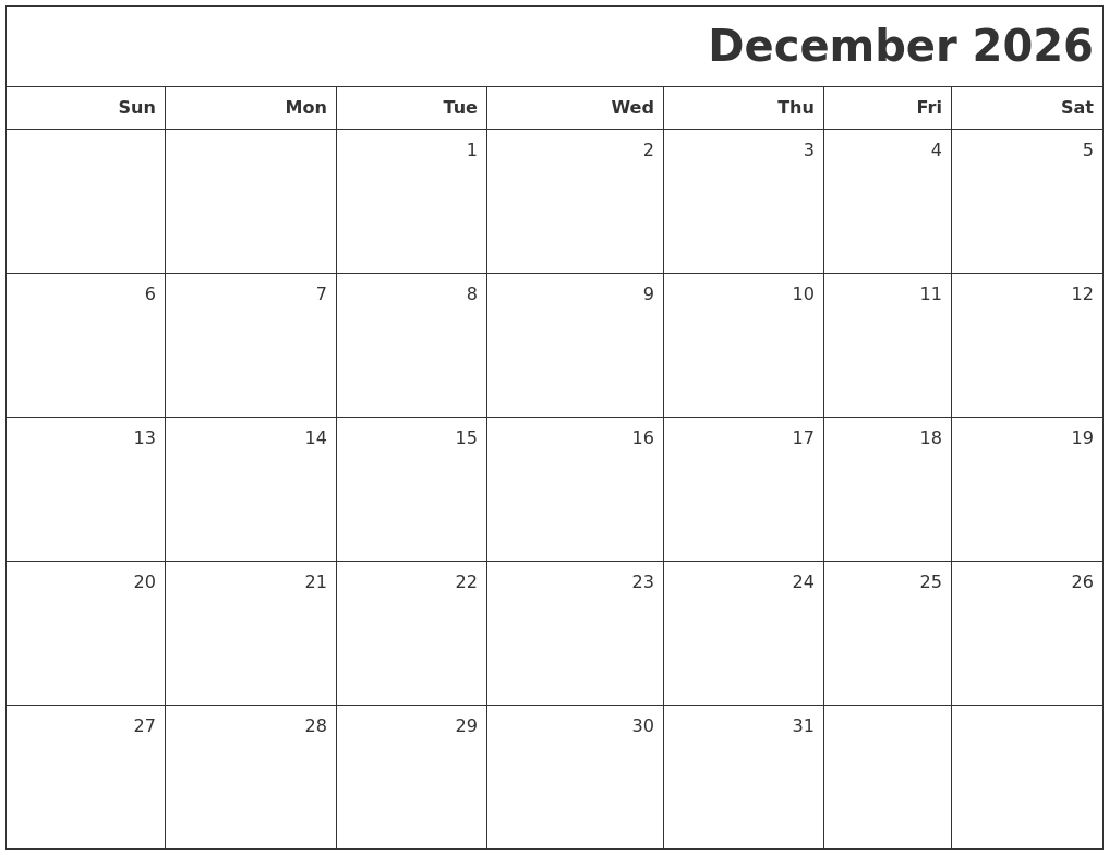 December 2026 Printable Blank Calendar
