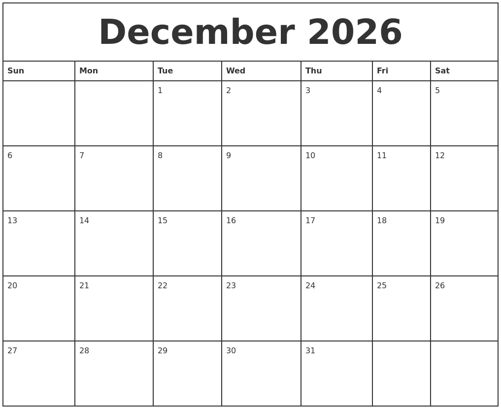 December 2026 Printable Monthly Calendar
