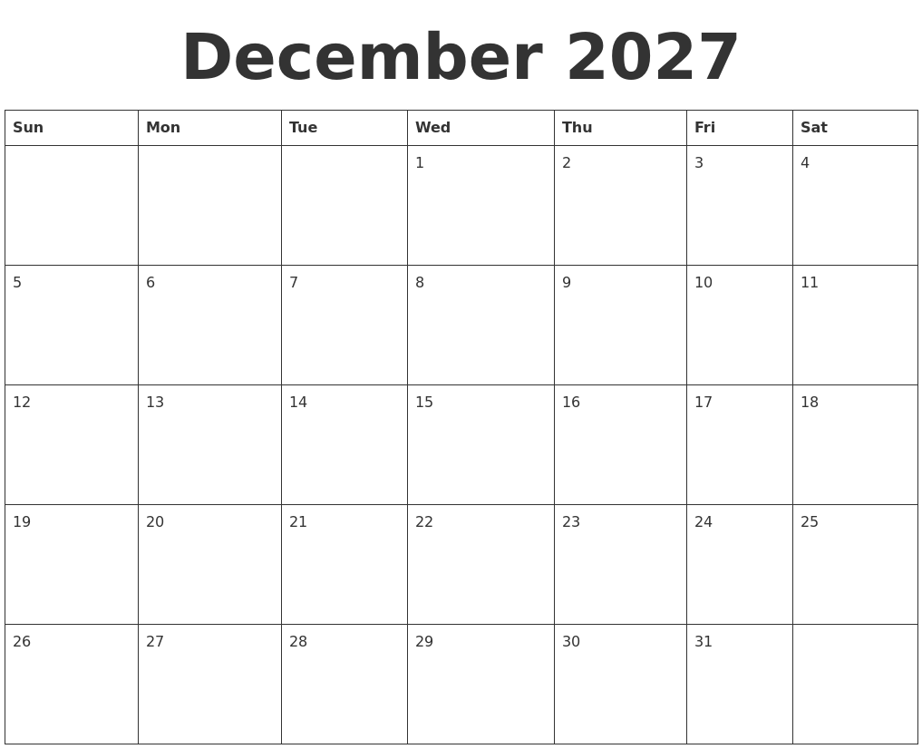 December 2027 Blank Calendar Template