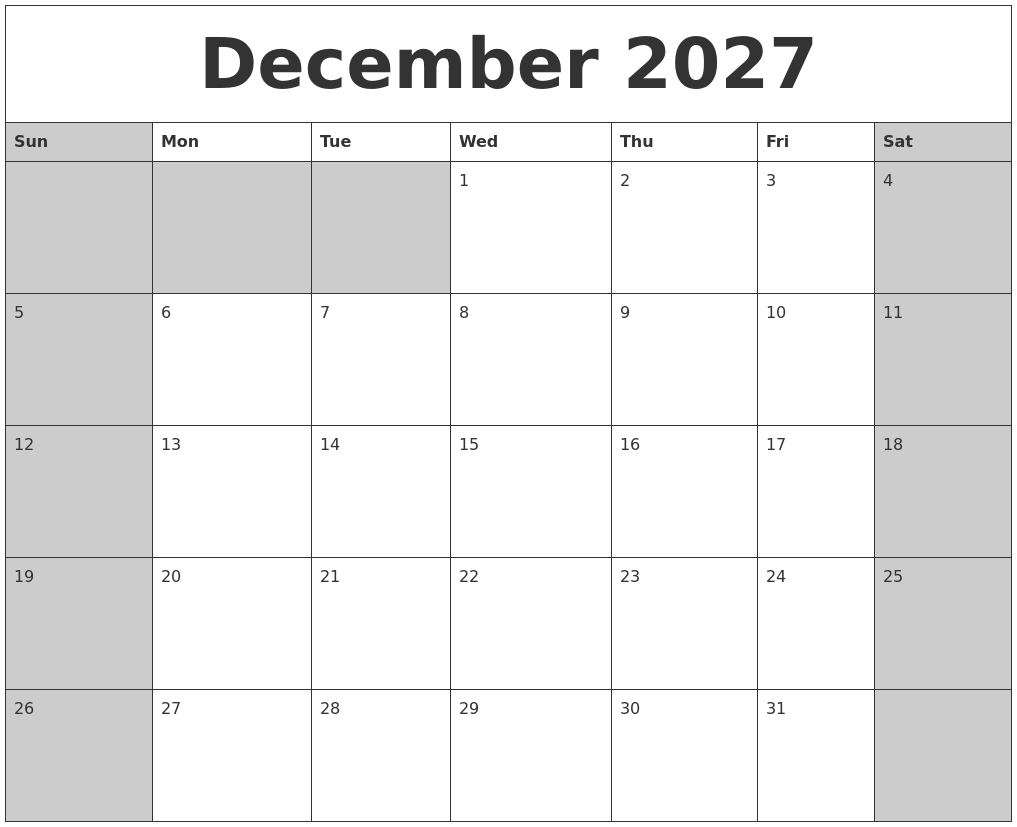 December 2027 Calanders