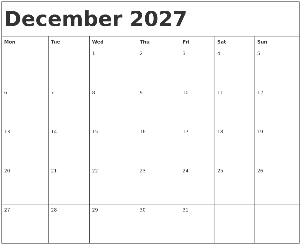 December 2027 Calendar Template December 2027 Calendar Template
