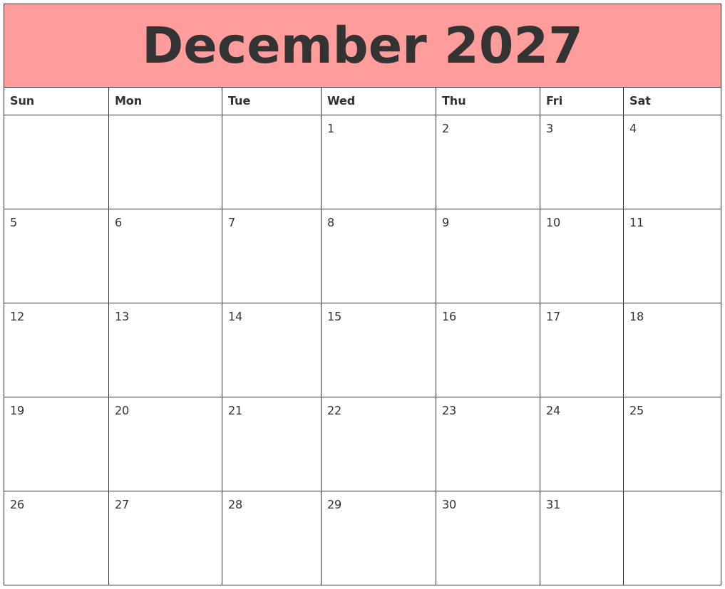 December 2027 Calendars That Work