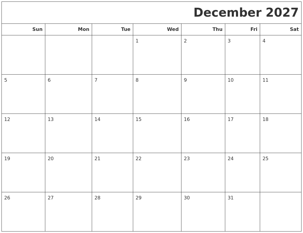 December 2027 Calendars To Print
