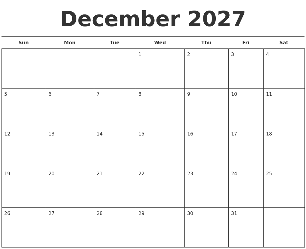 December 2027 Free Calendar Template