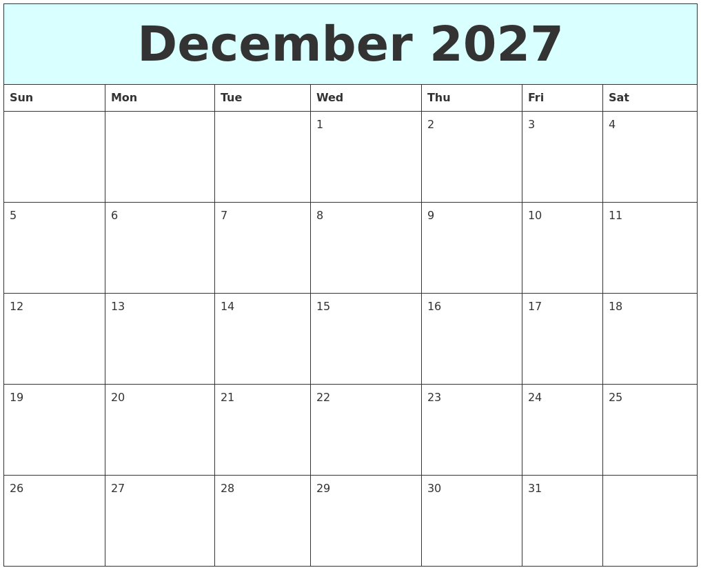 December 2027 Free Calendar